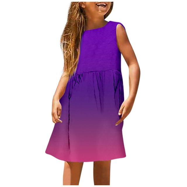 Robes Décontractées pour Filles, Été, Dégradé, Col Rond, Sans Manches, Ligne A, Extensible, Plage, Extérieur, Vêtements Sport, Violet, 7-8 Ans