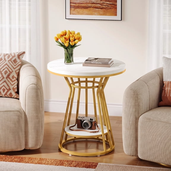 Fnova 19.7" Round End Table, 2-Tier Faux Marble Side Table with Gold Metal Frame, Modern Accent Table, Small Nightstand for Living Room, Bedroom, Sofa Side, White & Gold