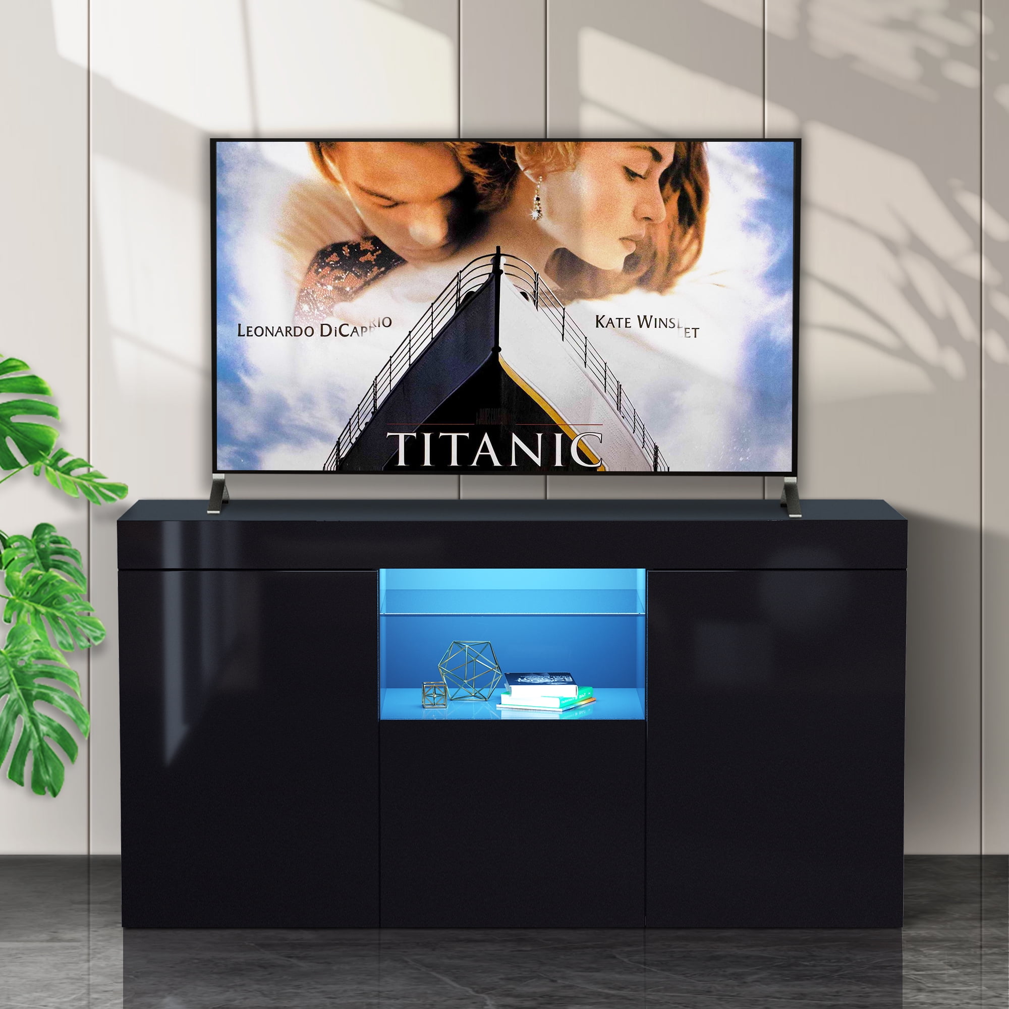 45 Inch Storage with Drawer and Shelves, Wood Sideboard Console