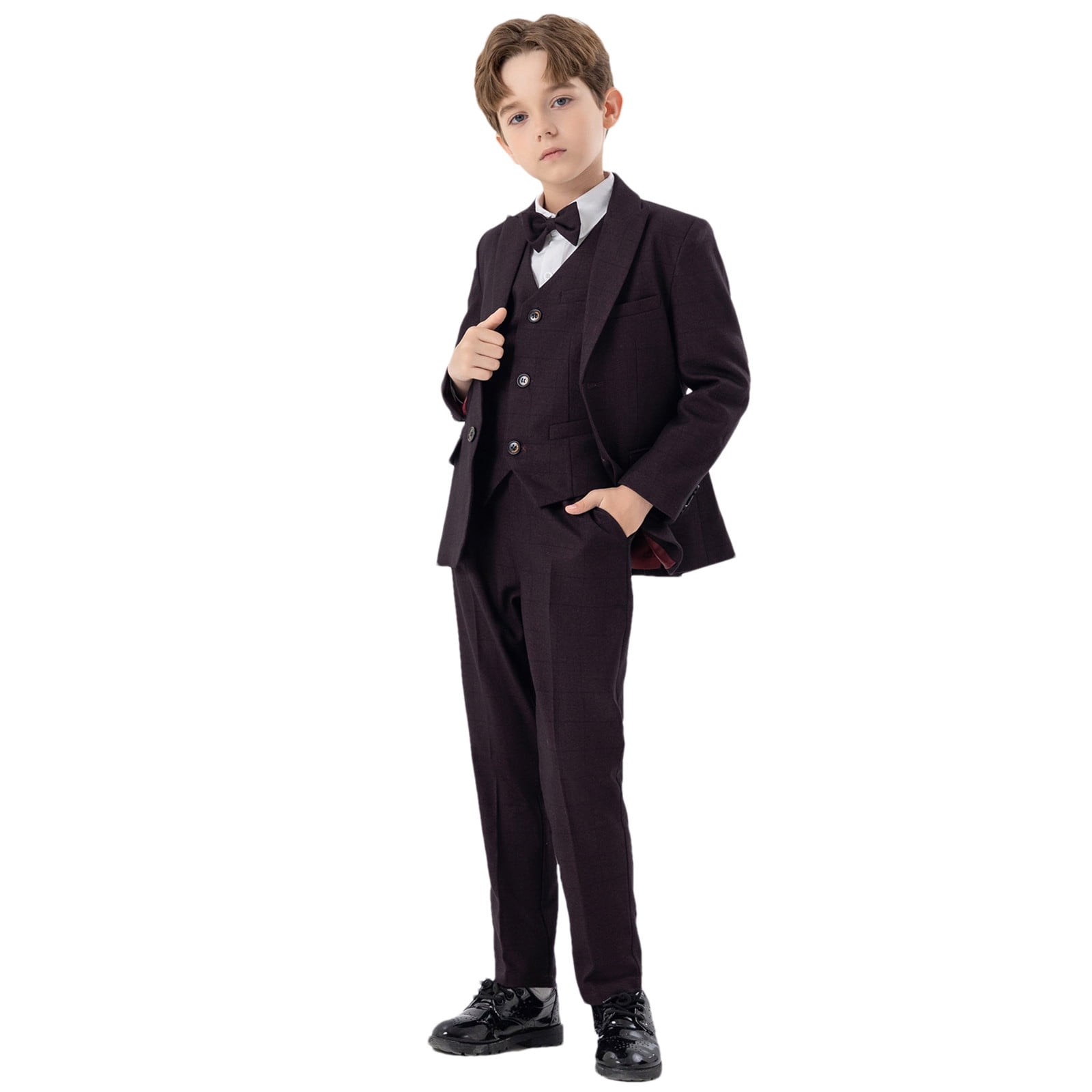 ZACPNCV Boy s Slim Fit Formal Suits 5 Piece Outfit for Ring Bearers Kids Dress Toddler Boy Tuxedo Homecoming Suits for Boys Burgundy 6-7 Years