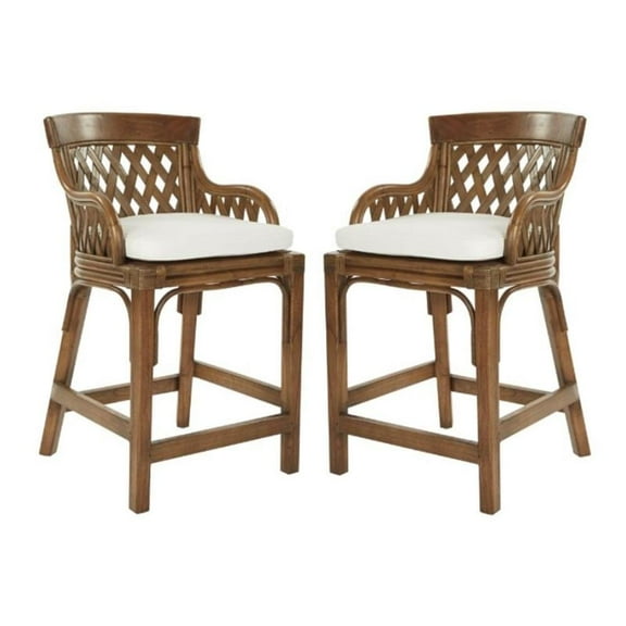 Home Square 27" Stained Wood Rattan Frame Counter Stool in Brown - Set of 2