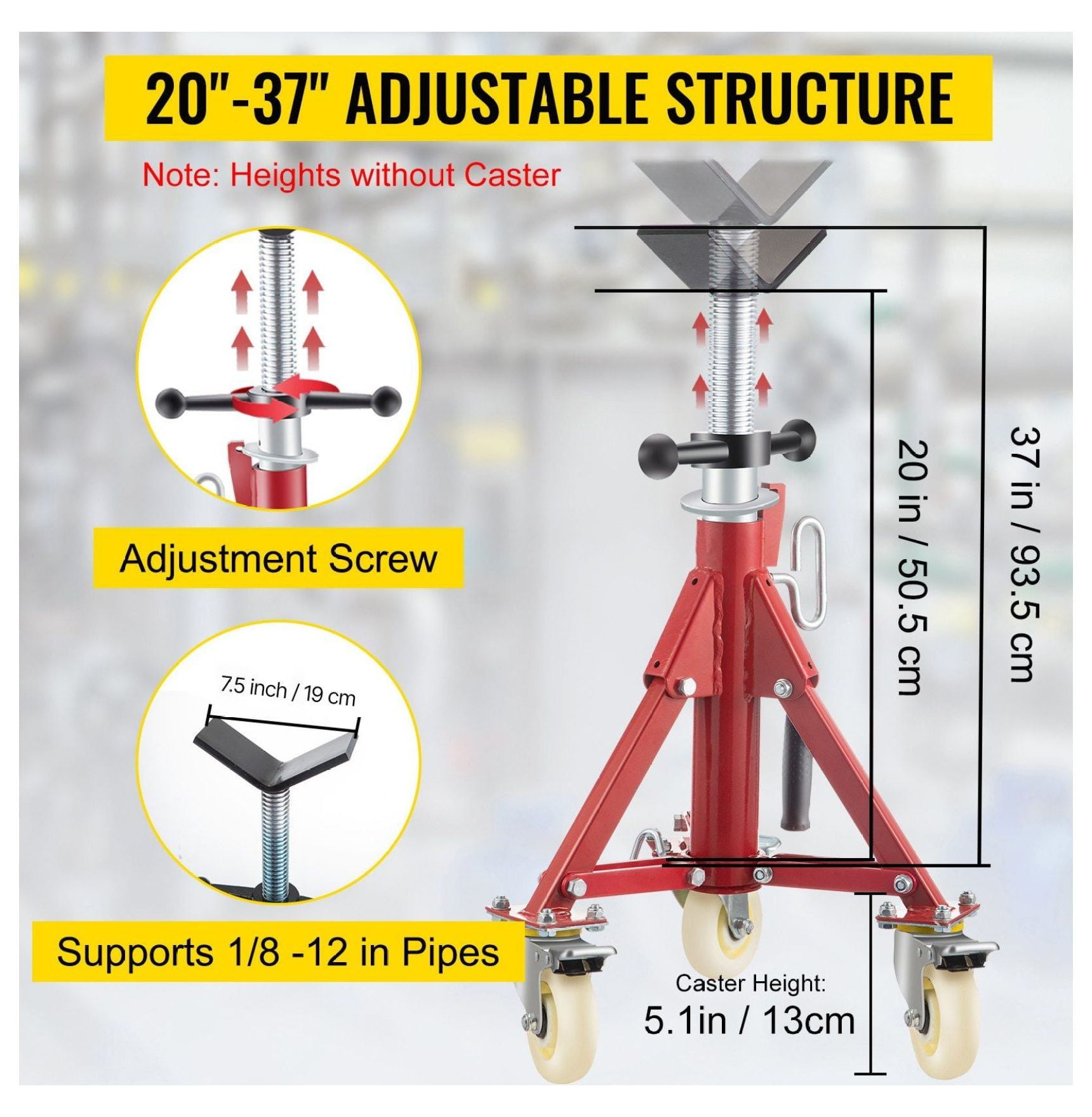 Pipe Jack Stand V Head Adjustable 20-37 Inch, 882 LBS Capacity, Folding Portable Steel Pipe Stands with Casters 1/8-12 Inch Pipe Support