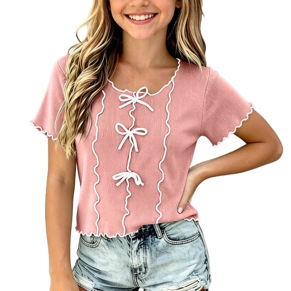 yillto Short Sleeve Tee for Girls Round Neck Shirts Bow Ruffle Sleeve Summer Cute Tops 3-14 Years