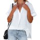 thumbnail image 1 of Camisa a cuadros holgada fina a rayas de manga corta con cuello en V para mujer (blanca), 1 of 6