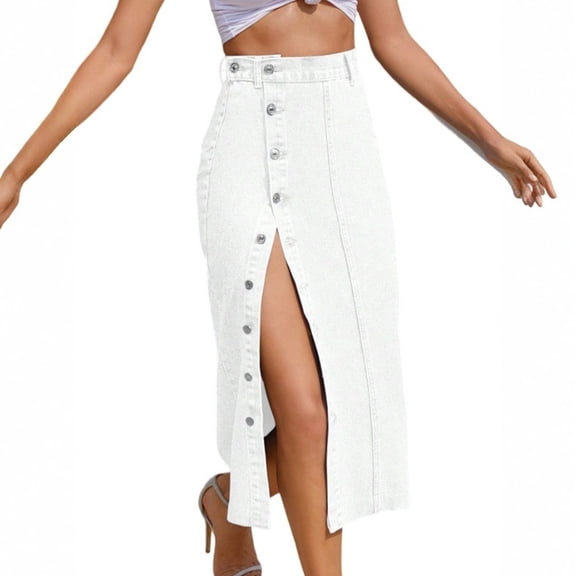 LWavelet Side Button Slit Denim Maxi Skirt Women Trendy Fall Casual Flowy Stylish Bottoms White XS