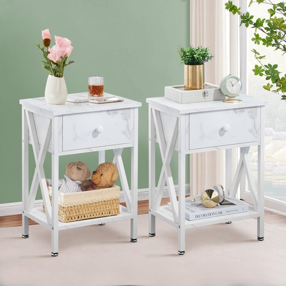 VECELO Set of 2 Nightstand with 1-Drawer and Shelf, Modern X-Design Side End Table for Living Room Bedroom, White