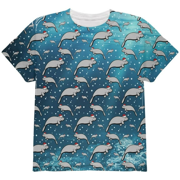 Christmas Manatee Floaty Potato Pattern All Over Youth T Shirt Multi YXL