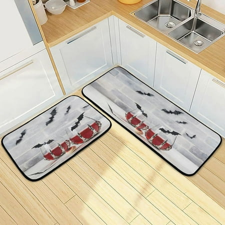 

SKYSONIC Halloween Bloody Cocktail Kitchen Rugs 2 Pieces Bat Eyeball Floor Mat Room Area Rug Washable Carpet Perfect for Living Room Bedroom Entryway
