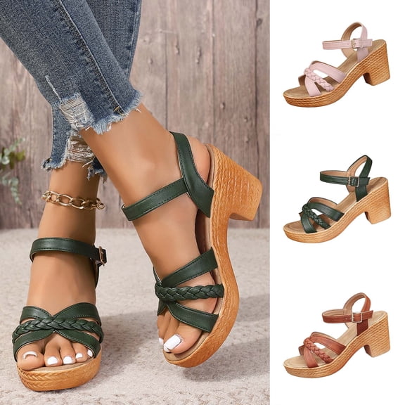 Miluxas Women's Braided Block Heel Sandals, Elegant Open-Toe Ankle Strap Platform Heels, Stylish Summer Shoes for Casual & Dressy Occasions Pink 9(42)
