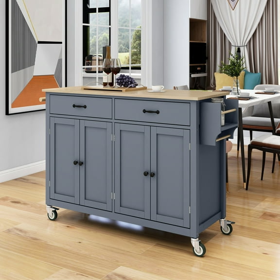 Kitchen Island Cart In Grey Blue With Solid Wood Worksurface, 4 Door Cabinet, 2 Drawers, Spice Rack & Towel Holder, Locking Cabinet And Rack, Wheels (grey