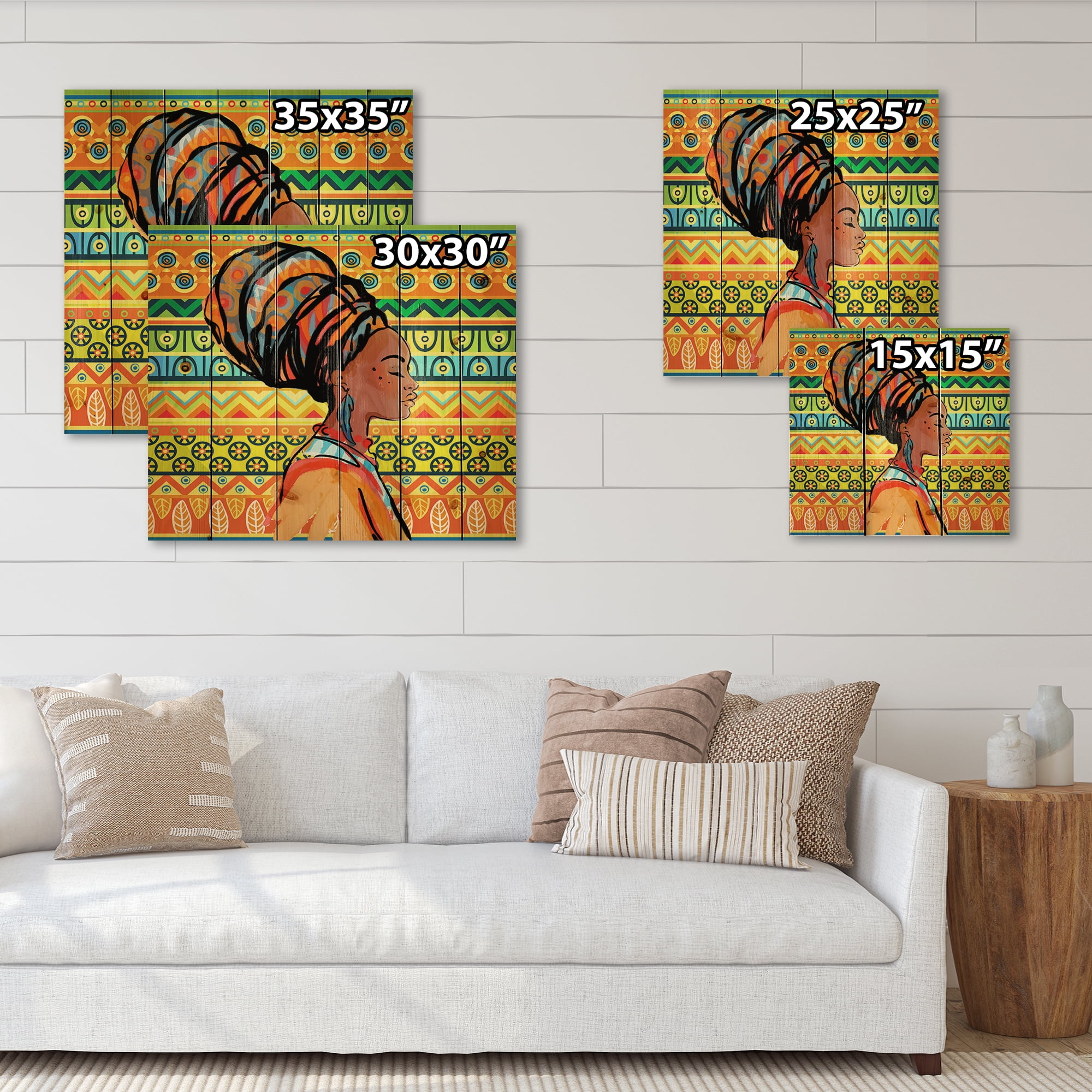 Designart 'African American Woman Portrait with Turban III' Modern Print on Natural Pine Wood