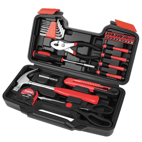Tool Set Box - Hand Tool Kit & Accessories For General Household DIY Home Repair with Plastic Toolbox Storage Organizer Case - Homeowner's Tool Kit (Red & Black)