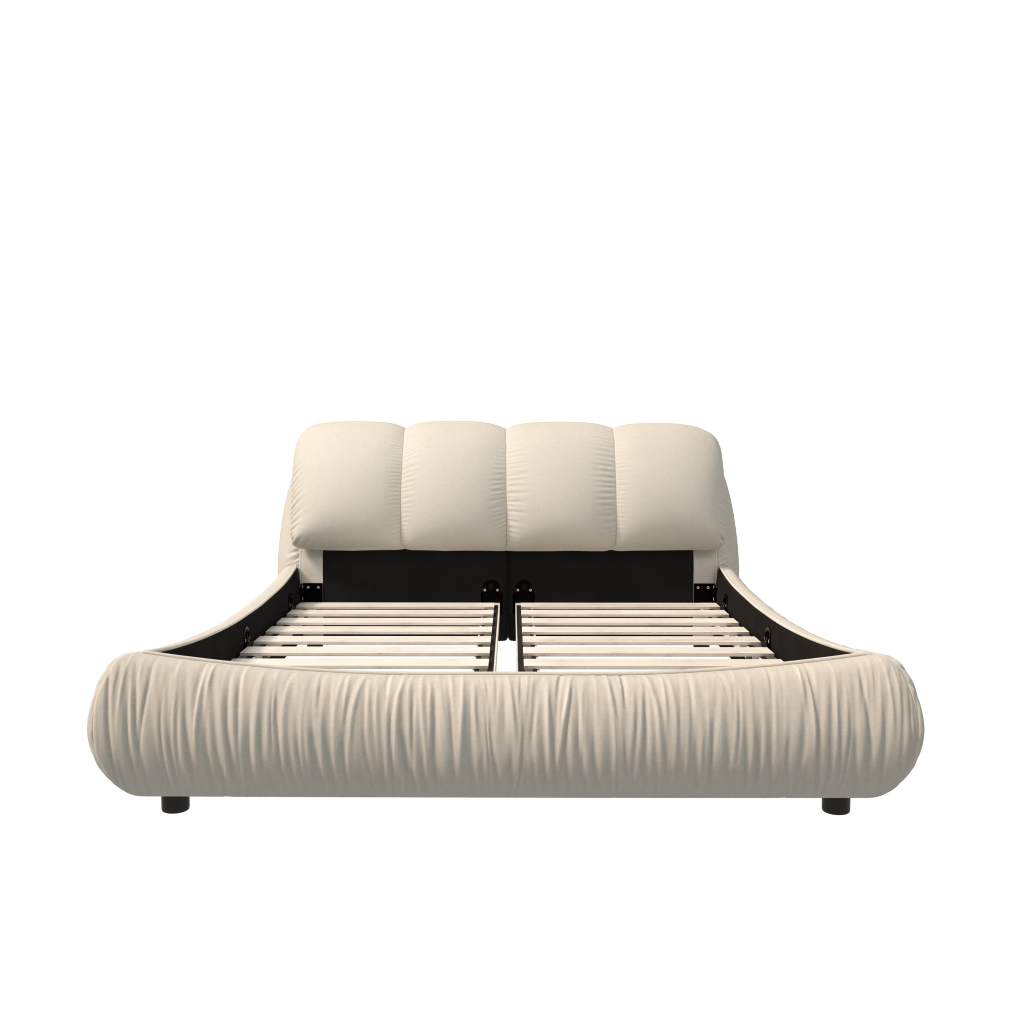 King Size Upholstered Platform Bed with Oversized Padded Backrest, Luxury Low Profile Bed with Solid Wood Frame and Slats Support for Bedroom