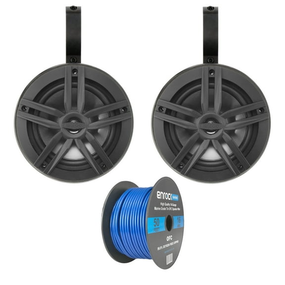 Pair (QTY 2) of Enrock 6.5" 180 Watt Peak Power 2-Way Marine Audio Black Boat Speakers Bundle Combo with (QTY 2) 6.5" Black Unloaded Speaker Pods, 50ft Wire