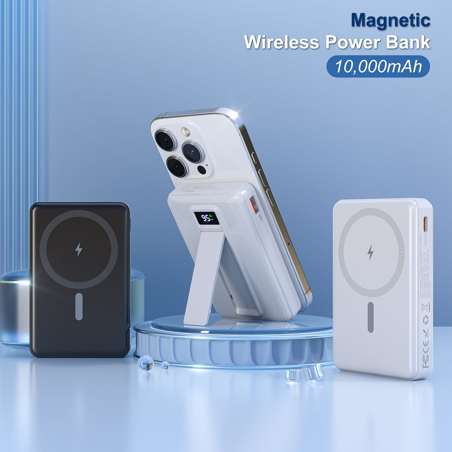 10000mAh Power Bank, 15W Wireless Magnetic Portable Charger & 22.5W PD USB-C, LCD for iPhone 15/16/14/13/12 Pro/Pro Max/Plus/Mini -PGYOB W01