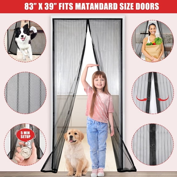 TETSELF Magnetic Screen Door, 83" x 39", Black, Heavy-Duty Mosquito Mesh, Drill-free Installation For Entry, Bedroom & Patio Doors