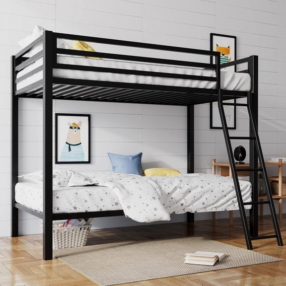Yardgrace Bunk Bed Twin Over Twin Size with Ladder and Guardrail, Heavy Duty Metal Slats Support, No Box Spring Needed for Bedroom Dorm, Black