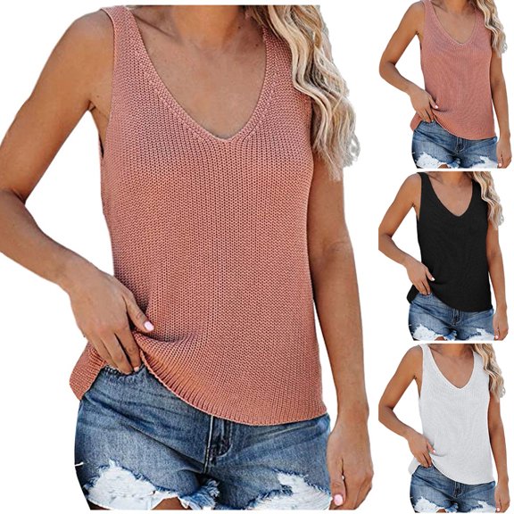 HAPIMO Women's Summer Tank Tops Solid Color Print Tops Ice Silk Knitting Camisole Sleeveless Shirts for Girls Casual Loose Fit Camis Vest V-Neck Blouse Sales White XL