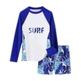 thumbnail image 3 of Rggeeun Baby Boys Swimsuit Set 2Pc Color Block Colorful Leaves Pattern Long Sleeve Crew Neck Top & Elastic Waist Above Knee Trunks for Summer Resort Swimming Sweet Beachwear,Blue,10-11 Years, 3 of 8