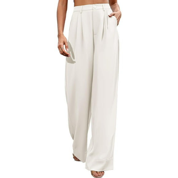 oo Femmes Casual Pantalon Large Jambe Bouton vers le Bas Droite Pantalon Long Pantalon Élastique Taille Haute Robe Pantalons pour Femmes Abricot Léger 4