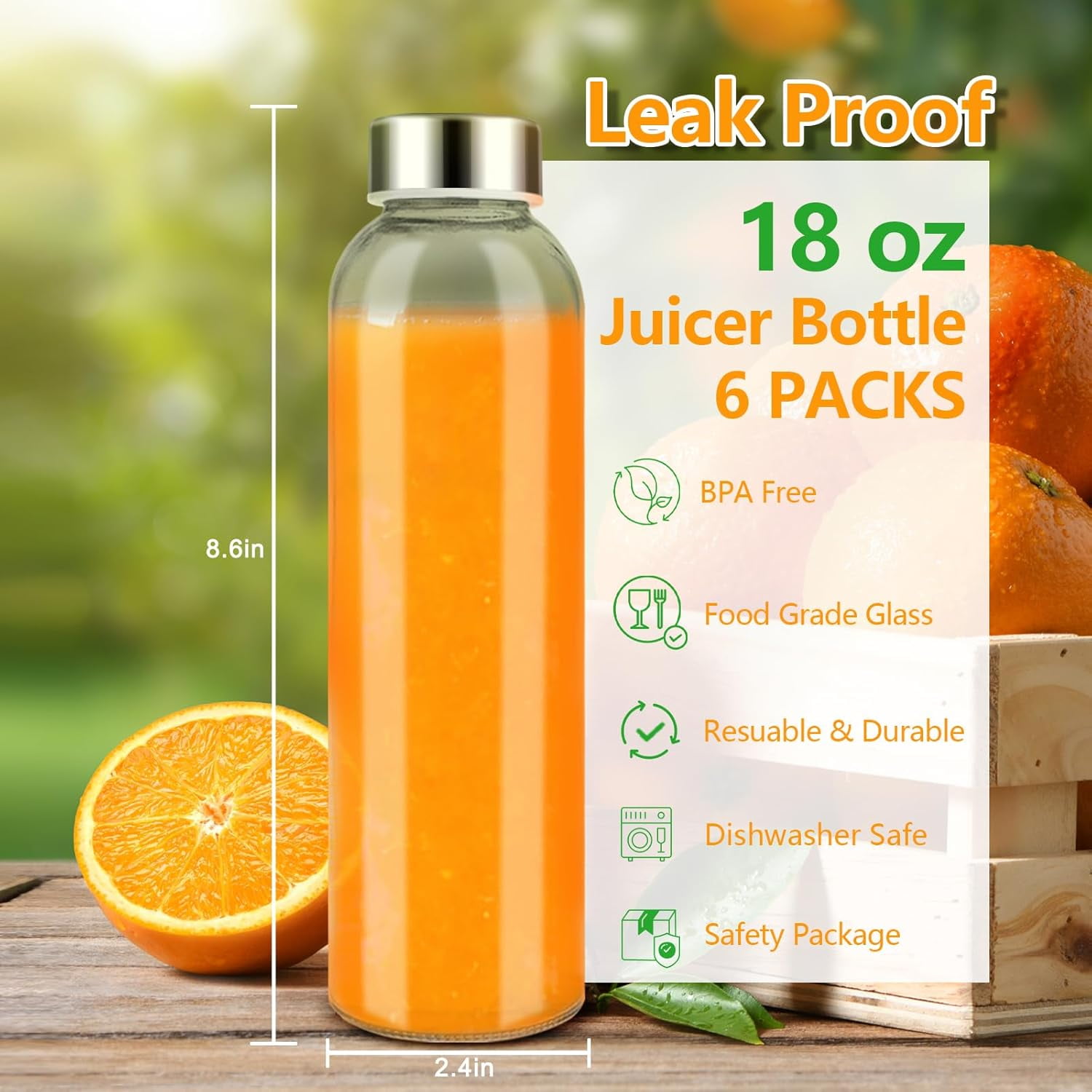 Behome 18 oz Glass Juice Bottles with Lids, 6 Pack Reusable Water Bottles with Funnel, Leak Proof & BPA Free, Glass Water Bottle for Juicing, Refrigerator, Beverage Storage Containers