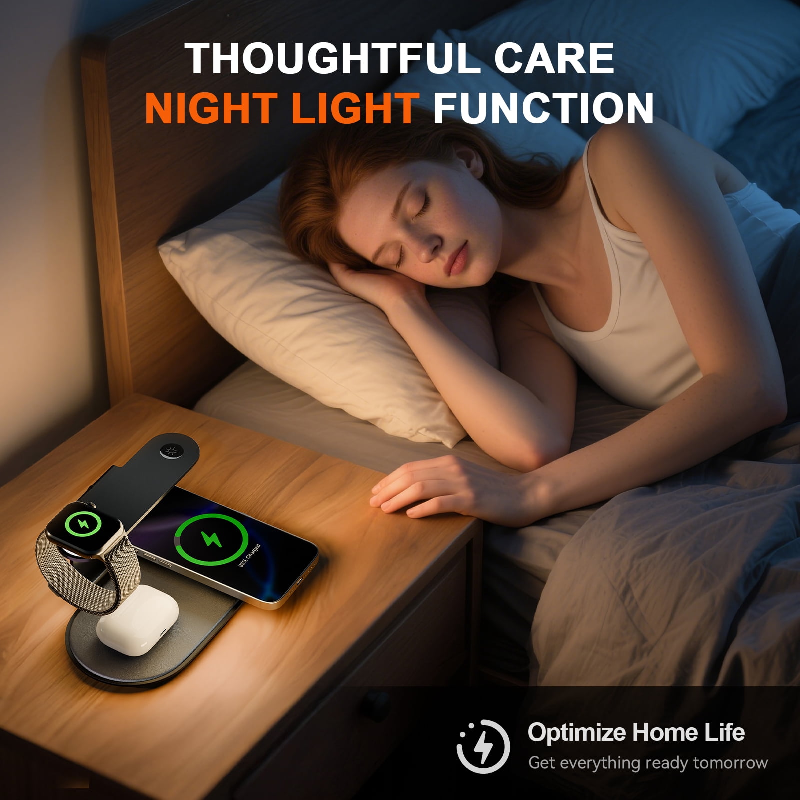 4 in 1 Charging Station,MagSafe Wireless Charger with Three Level soft Night Light,15W Wireless Charging for iPhone 12 and above series,for iWatch Series,for AirPods,USB-C Charger Included,Black