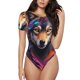 thumbnail image 1 of Fotbe Colorful Wolf Head Body de Mujer con Cuello Redondo y Mangas Cortas, Sin Mangas Ajustado, Suave, Cómodo y Básico-Large, 1 of 7