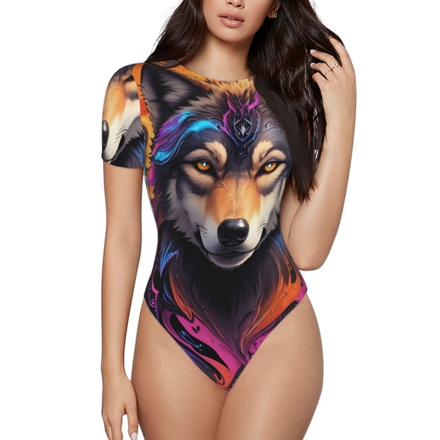 Balery Colorful Wolf Head Body de cuello redondo de manga corta para mujer Tops de manga corta Tops básicos-XX-Large