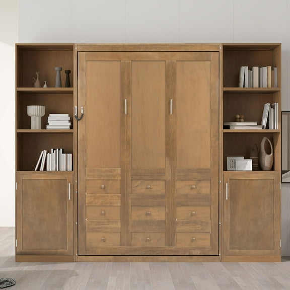 Euroco Wood Queen Size Murphy Bed with Storage Shelves, Wall Bed with Cabinets, Wood Color