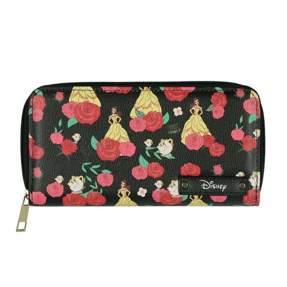 Disney Beauty and The Beast Wallet Allover Belle and Roses Design Full Zip Clutch