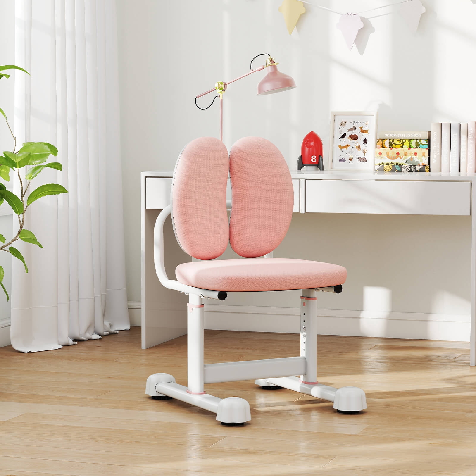 Costway Kids Desk Chair with Double Back Support Adjustable Height Upholstered Computer Chair Pink