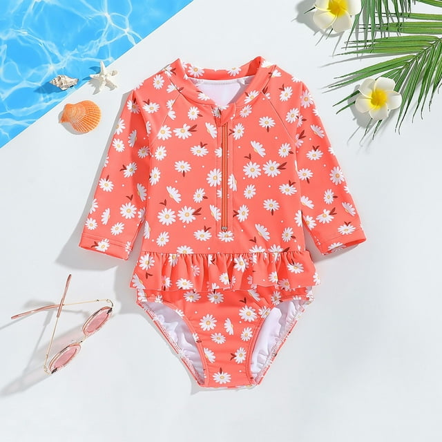 Kid Girl Rash Guard Bathing Suits Striped Ruffle Long Sleeve Sun Protection Summer Swimsuit 4-5 Years