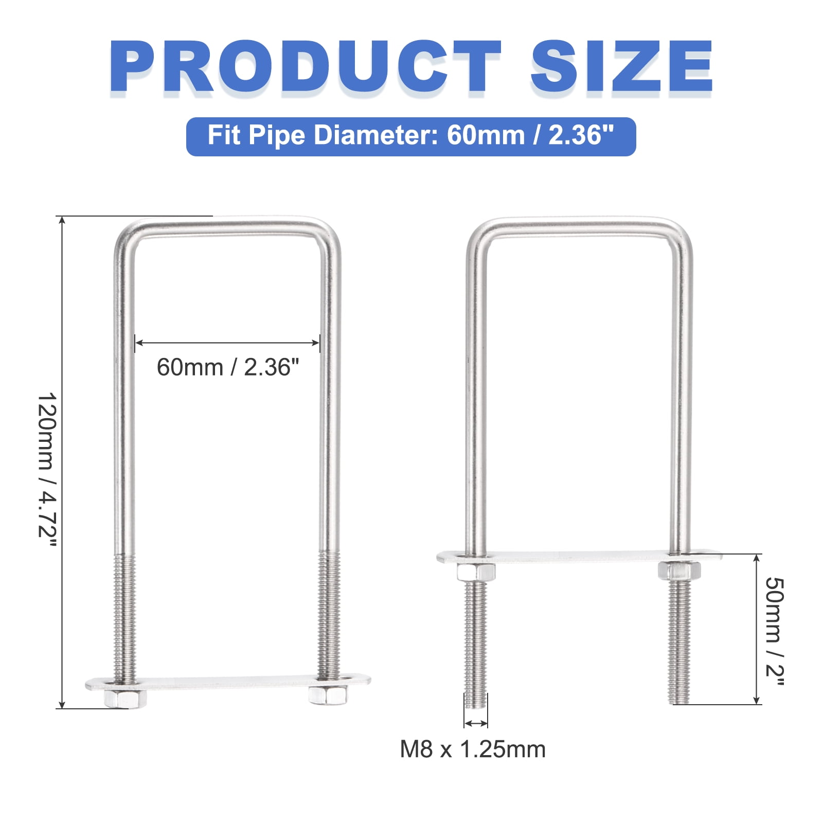 Uxcell 2 Sets M8 Square U-Bolts, 2.36" Inner Width 4.72" Length 304 Stainless Steel U Clamp Bolts with Nuts, Plates and Wrench
