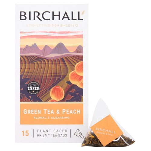 Birchall Green Tea & Peach Tea Bags 15's, British Import (Pack of 3)