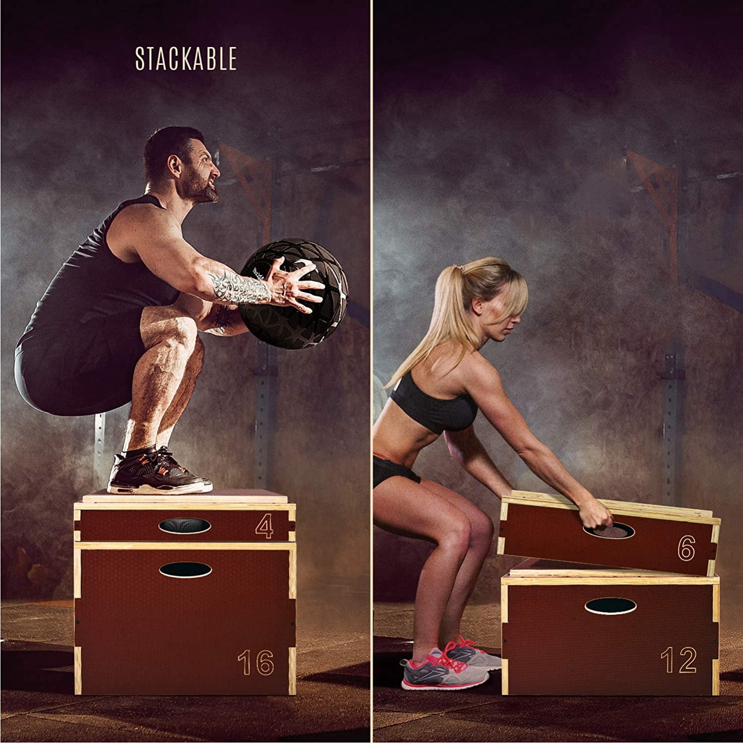 Yes4All 16 in Stackable Wooden Plyo Box, with Anti-Slip Surface for Home Gym, Red