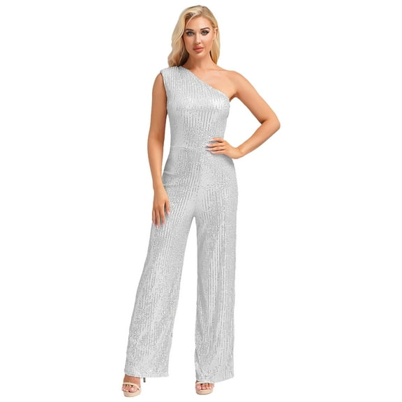 Mufeng Jumpsuit for Women Elegant Sparkly Sequin Party Romper Casual Playsuit Wedding Party Clubwear Silver XL