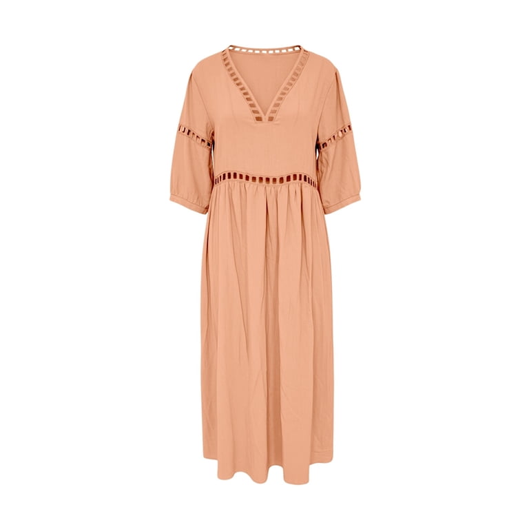 fit and flare ankle length dress Rggeeun Womens Solid Color Elegant Bohemian Style V Neck Short Sleeveless Ankle-Length & Loose Fit A-Line Soft Fabric With Pleated discount_message_calc:with code DRESSES25:25 Spaghetti Strap Sizes Size:6 USA Taylor Plus Size Floral