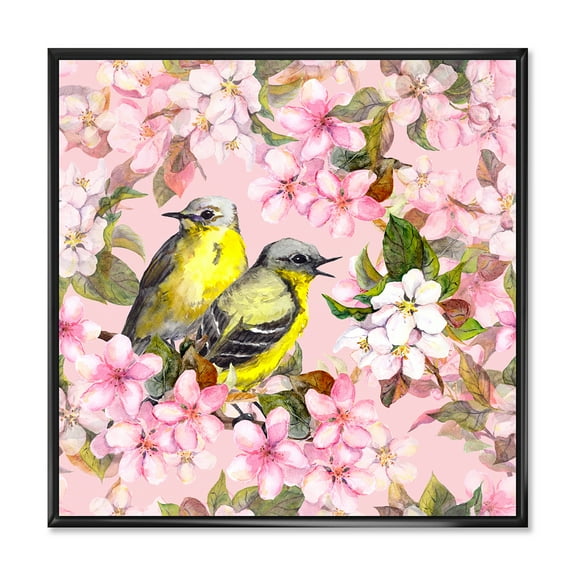 Designart 'Birds On Pink Cherry Sakura and Apple Flowers I' Traditional Framed Canvas Wall Art Print