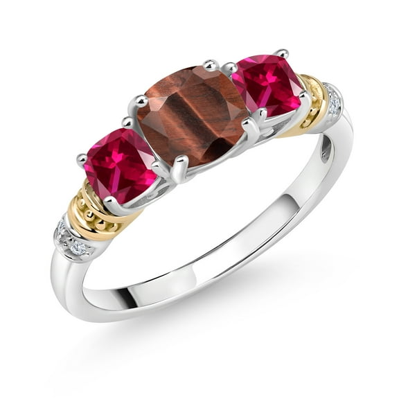 Gem Stone King 925 Silver and 10K Yellow Gold Red Tiger Eye and Red Created Ruby and Diamond 3-Stone Ring for Women (1.76 Cttw, Gemstone Birthstone, Cushion 6MM and 4MM, Size 9)