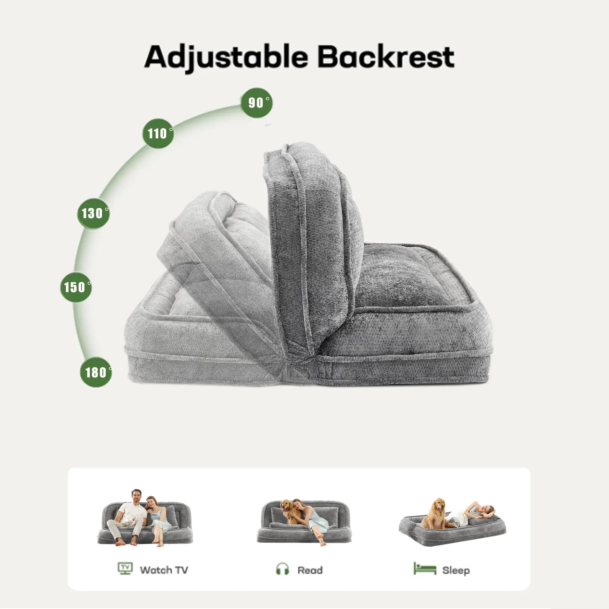 Aukfa Double Human Dog Bed Lazy Sofa Loveseat with Adjustable Backrest, Extra Large 2-Seat Floor Couch with Plump PillowLight Gray