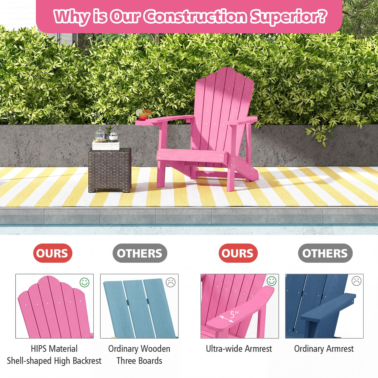 Costway Oversized Adirondack Chair,Patio Lounge Adirondack Chair with Adjustable Cup Holder Pink