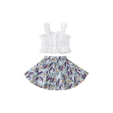 

Kid Baby Girl Summer Clothes Set Solid Color Sleeveless Ruffled Button Vest + Flower Print A-Line Skirt