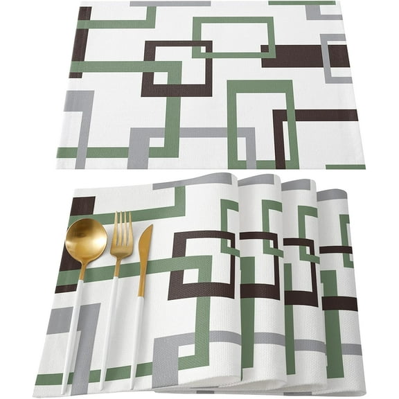 Placemats for Dinning Table Set of 4 Waterproof Cloth Table Mats, Cotton Linen Place Mats Fabric Dinner Mat, Middle Century Green Geometric, Table Decor Easy Clean Machine Washable