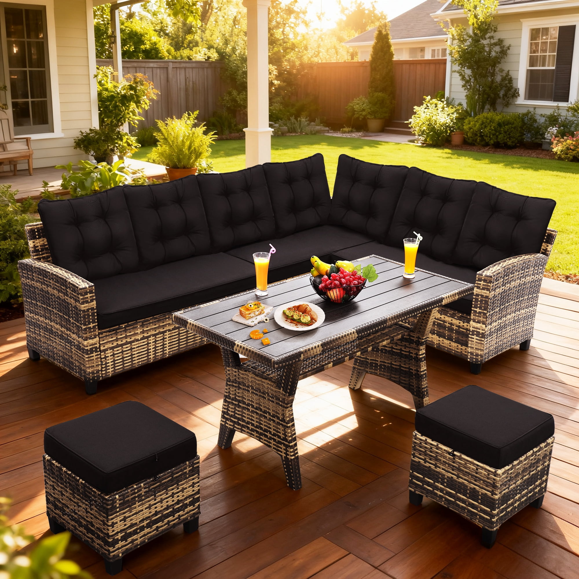Melocadol 6 Piece Patio Sectional Set, Outdoor Conversation Furniture Set with 2 Sofas, 2 Ottoman, Table, Perfect for Patio, Deck or Poolside, Natural Wicker and Black Cushions