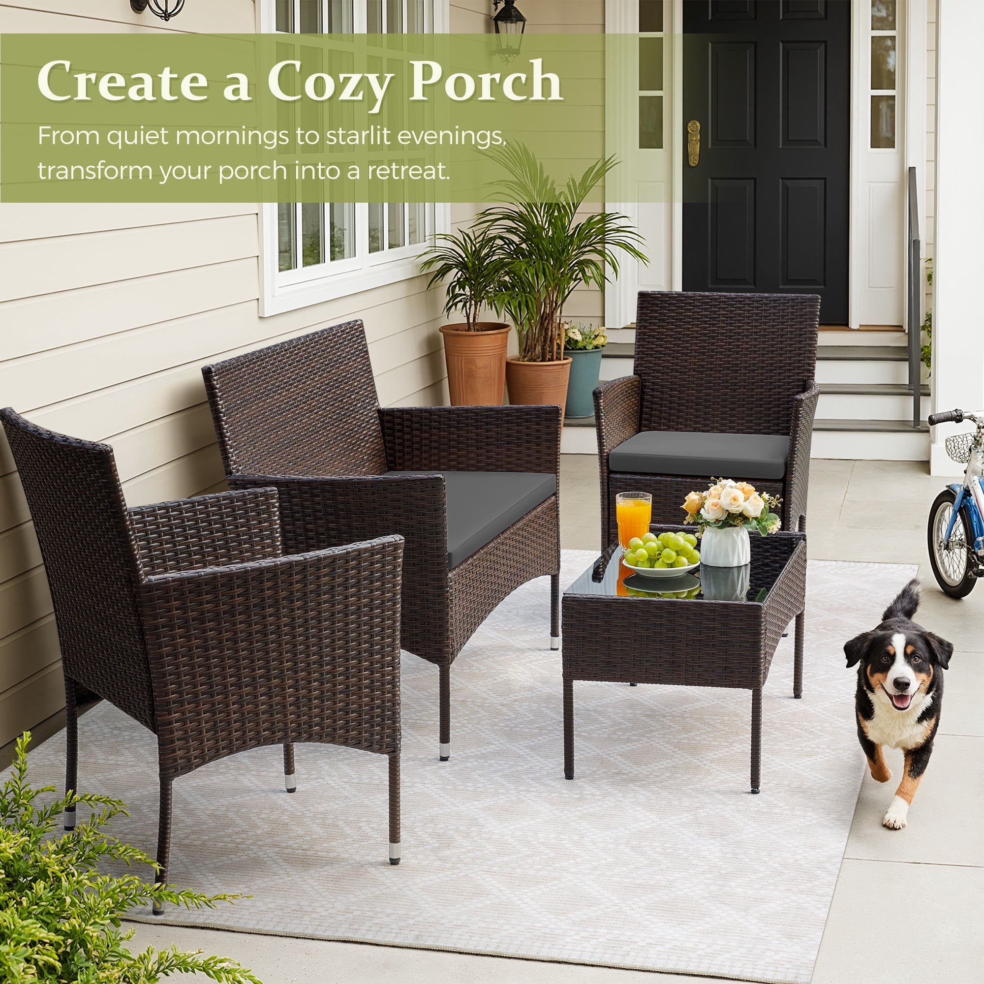 Homall 4 Pieces Patio Conversation Set Outdoor Furniture Rattan Chairs Wicker Seating with Cushion and Table Weather-resistant for Porch Garden Backyard, Brown /Gray