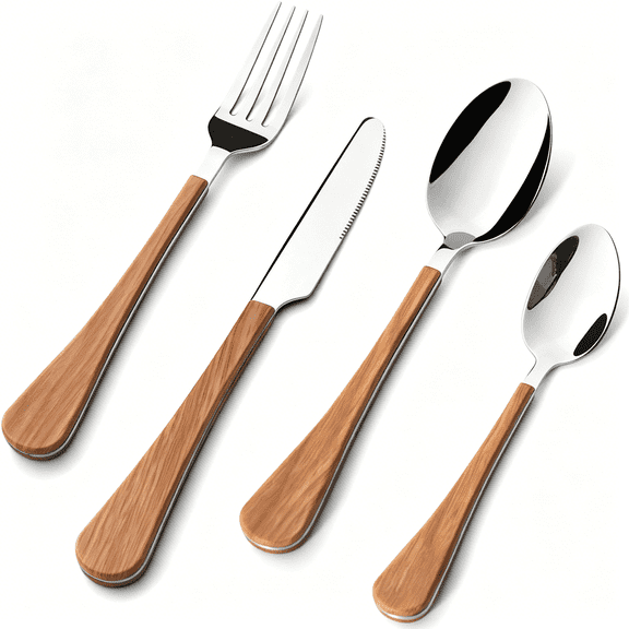 EXLEAF Silverware Set for 4, Wood Handle Grain 16 Piece Heavy Duty Stainless Steel Flatware Utensils Cutlery Set with Forks, Knives, and Serving Utensils, Mirror Polished Cutlery Utensil Set