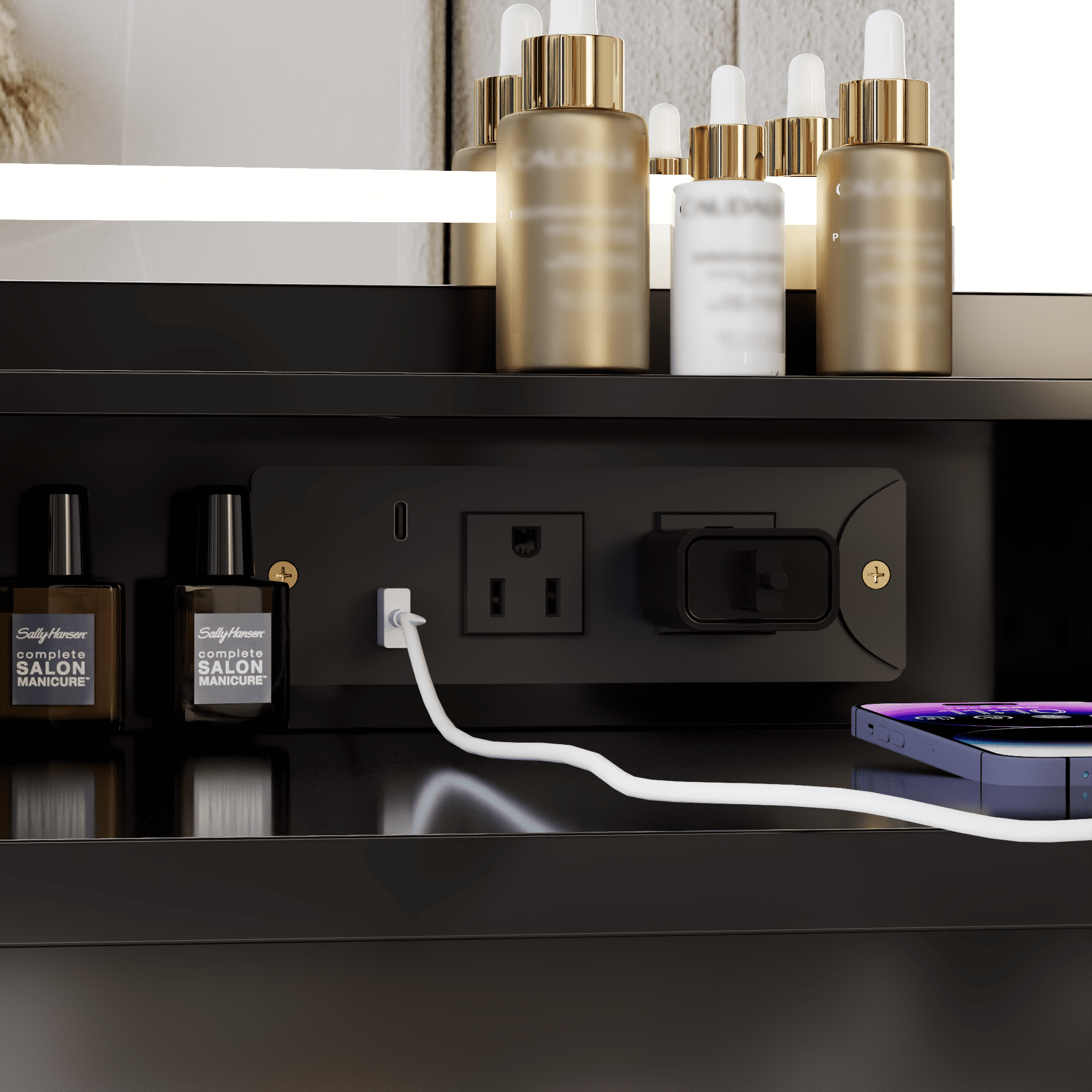 Euroco 41" Large Size Left Drawer Desktop Vanity Table+Cushioned Stool Dresser Set, 2 AC+2 USB Power Station, Hair Dryer Stand, Extra Large Touch Control LED Mirror
