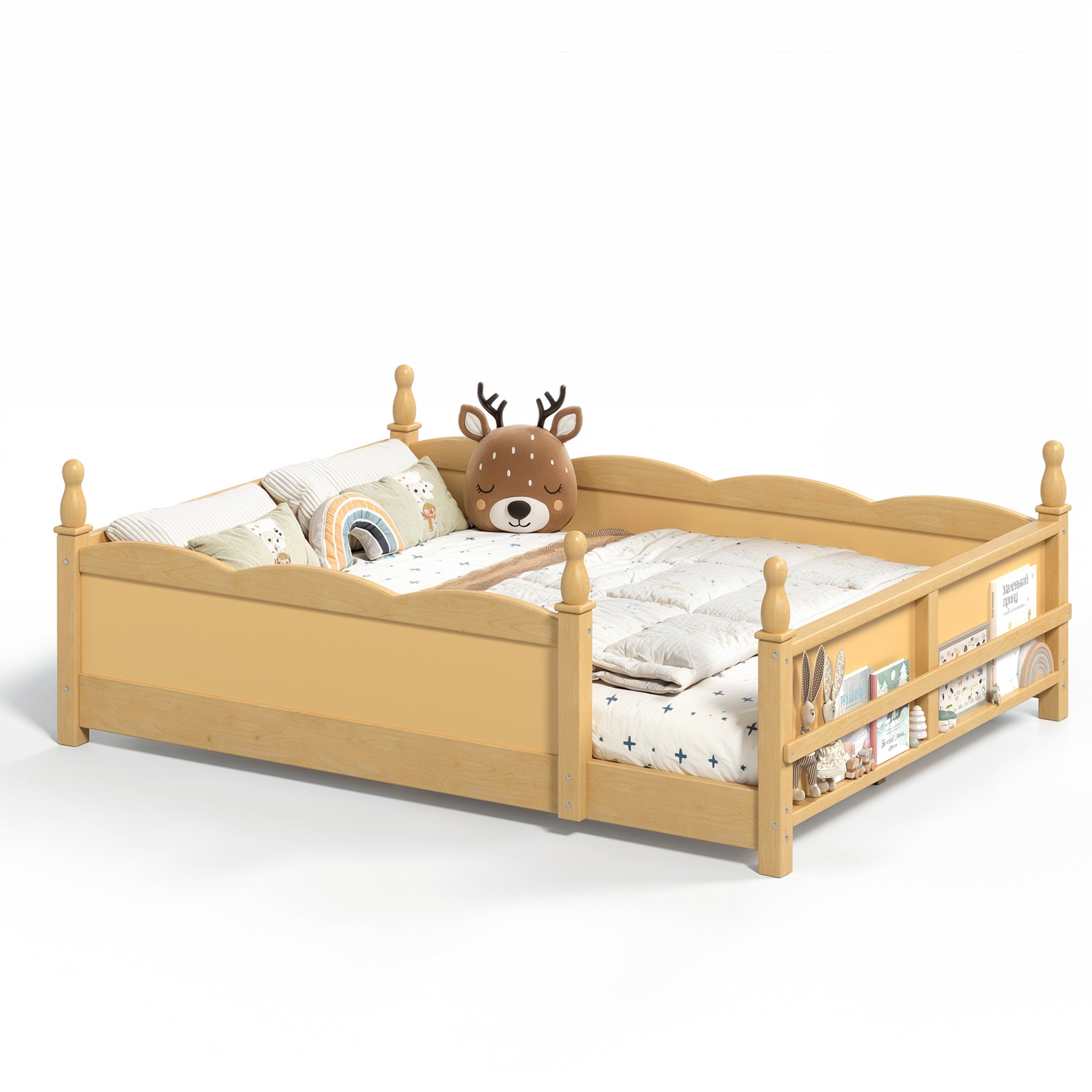 GDF Studio Full Size Montessori Floor Bed with Guardrails & Side Bookshelf, Childlike Design, Natural