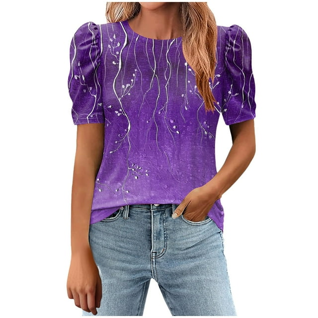 Tnhcen T-Shirt d'Été Ample pour Femmes à Col Rond Imprimé avec Manches Bouffantes Correctrices / Chemise Décontractée Extensible / Design Léger et Respirant / P-2TG