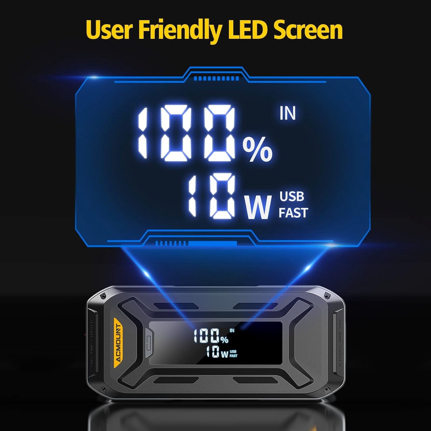 Refurbished Acmount P120 Car Jump Starter, 5000A Peak Current, 26800mAh Battery, Dual USB Ports, 3-Inch LCD Display, Black